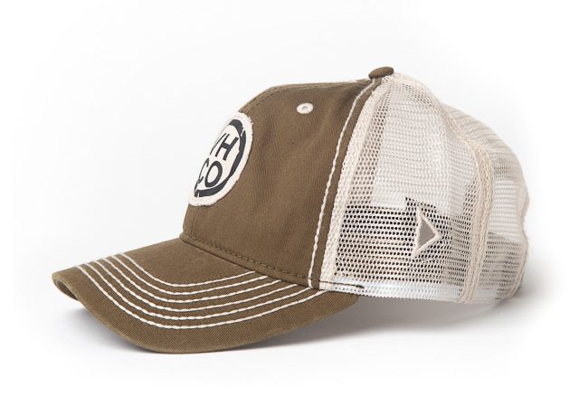 Trucker Brown Hat with White Patch (Velcro Back) - Side of Hat